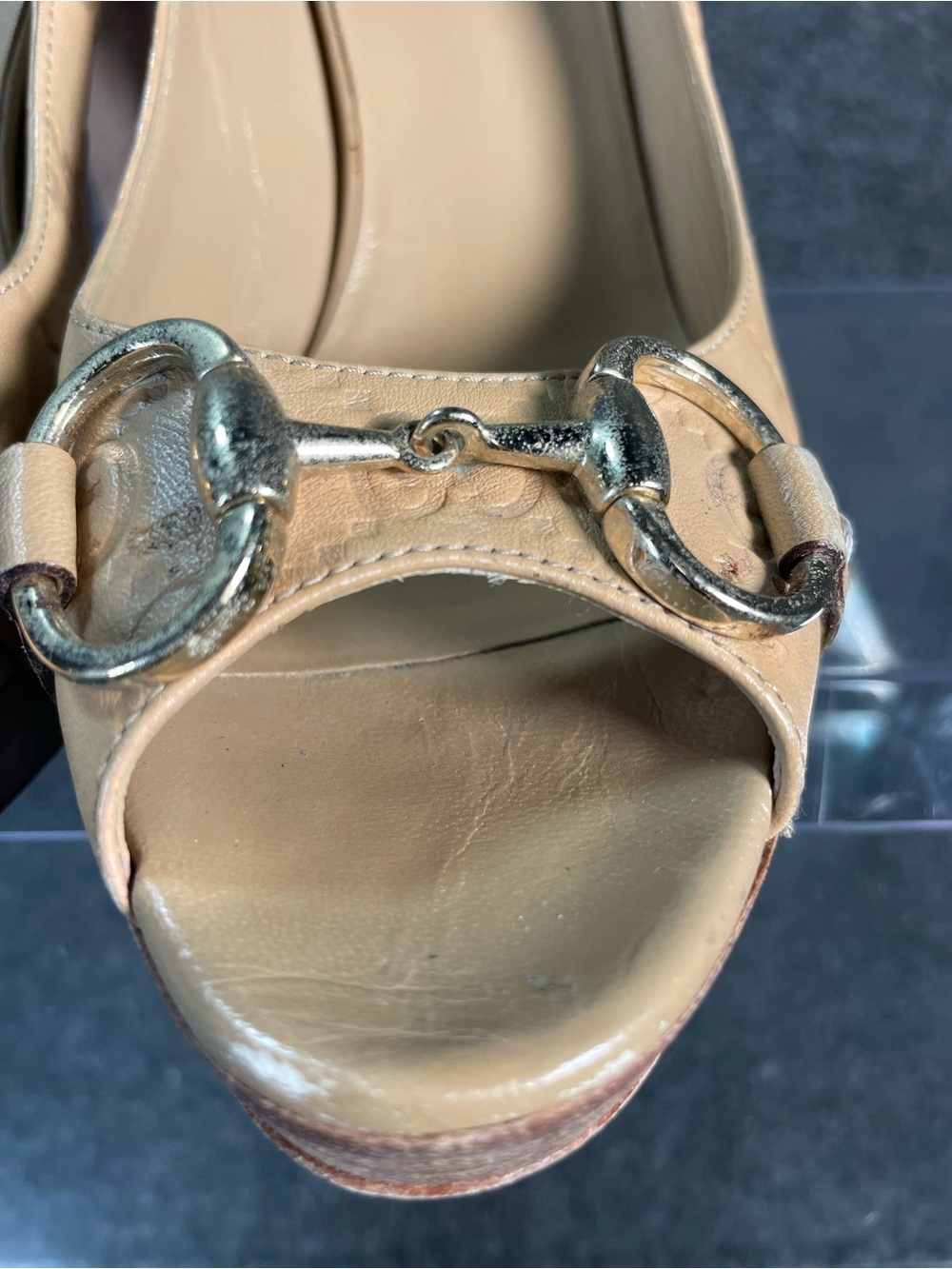 Gucci Guccisimma Horsebit Open Toe Light Sand Leather Heels Size 7 Monogram - Picture 3 of 16